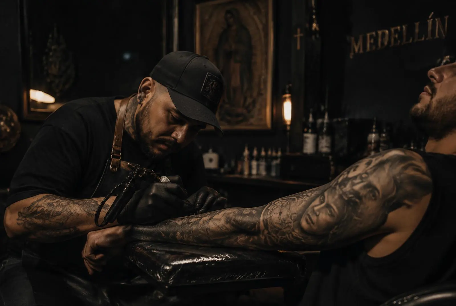 Tattoo artist working on a client's arm in a Colombian studio