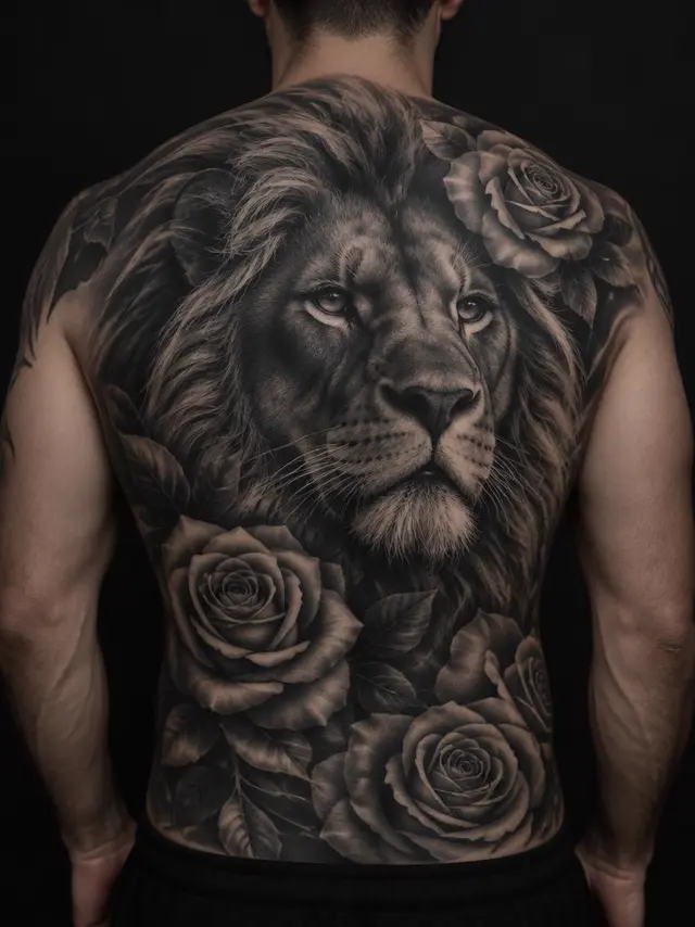 Full back black and grey realism tattoo of a lion surrounded by roses