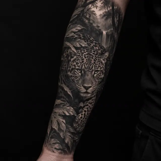 Black and grey forearm tattoo of a jaguar in the jungle with a waterfall