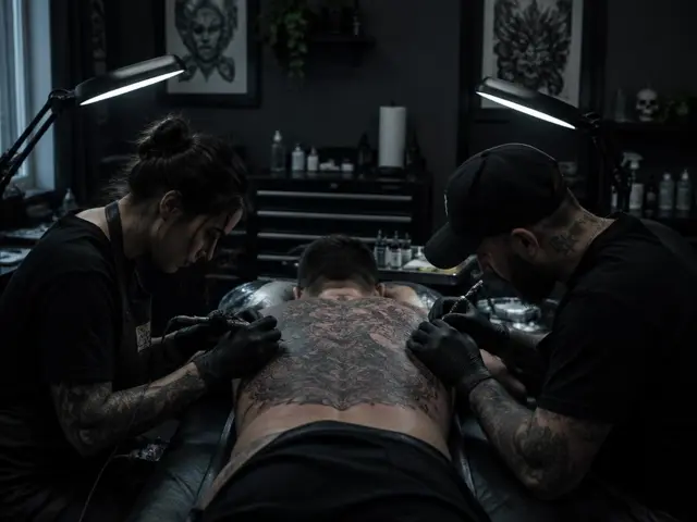 Two artists tattooing a client's back at the same time in the studio