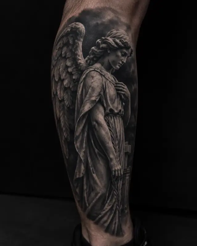 Black and grey realism calf tattoo of a praying angel statue